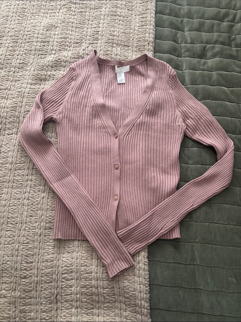 H&M Ribbed V-Neck Button Cardigan - Mauve Pink